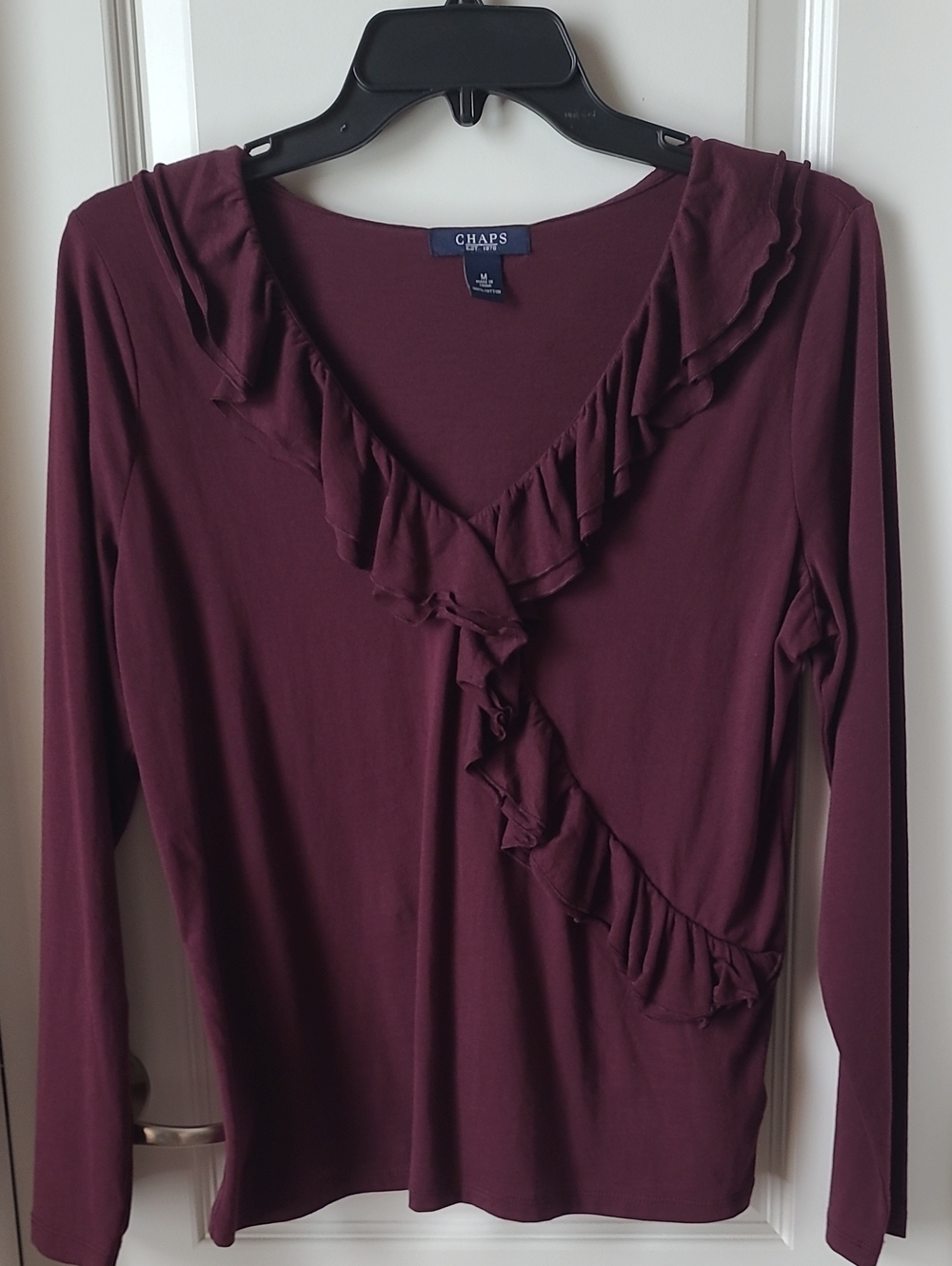 Chaps Long Sleeve Ruffle V-Neck Top - Plum